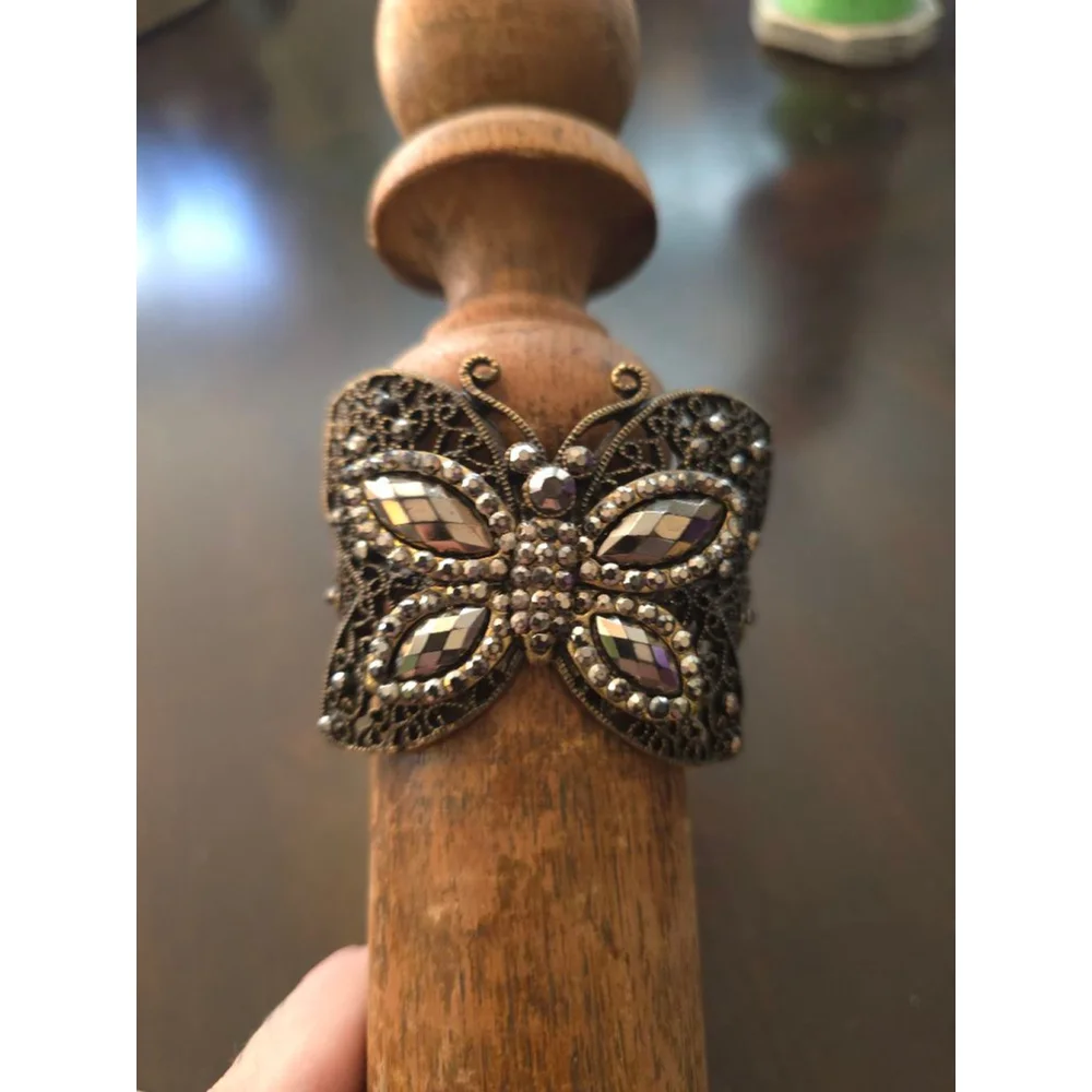 Women's Vintage Whimsigoth Bronze Black Butterfly Rhinestone Hinge Cuff Bracelet